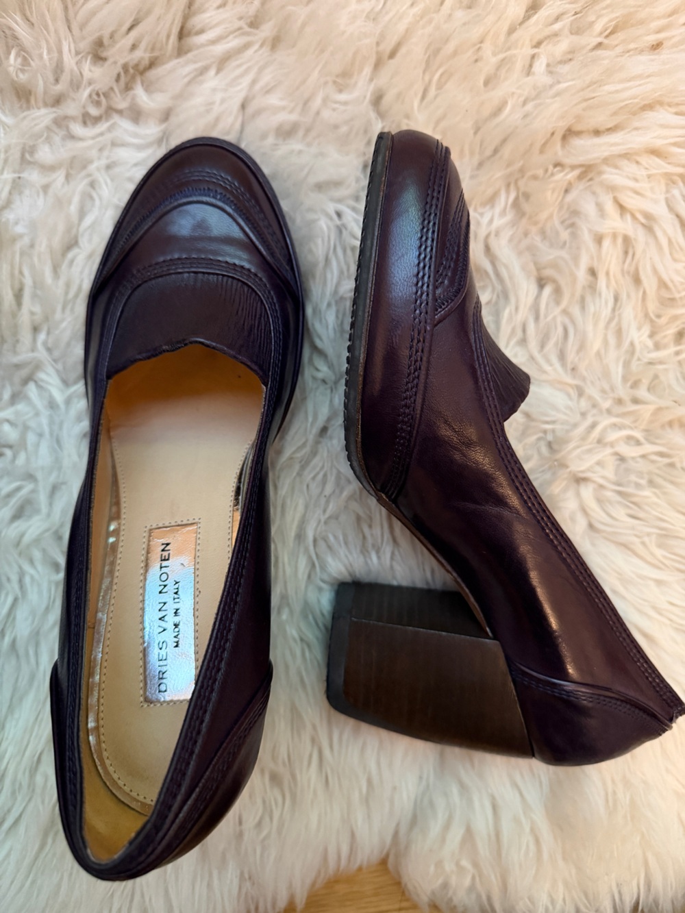 Dries Van Noten Deep Burgundy Leather Block Heel Pumps
